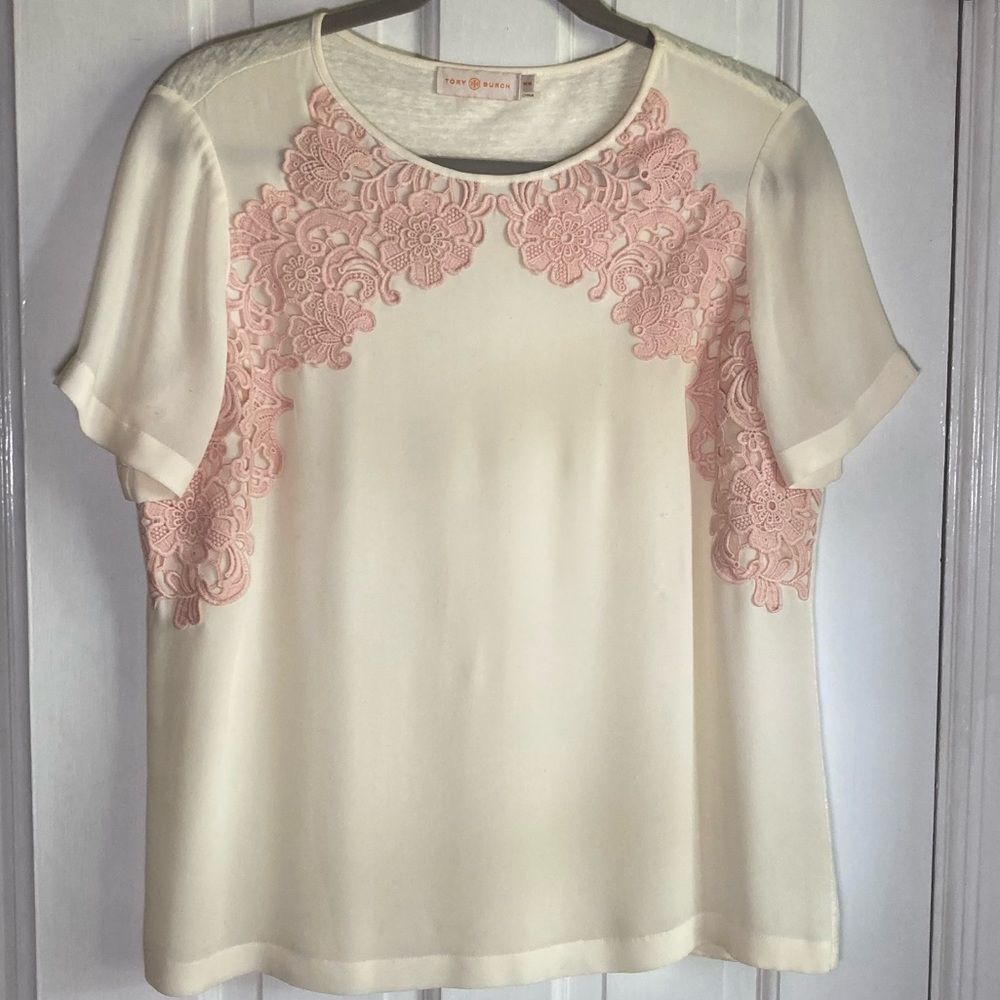 Tory Burch Cream & Rose Embroidered Silk Linen Blouse, Women’s Medium